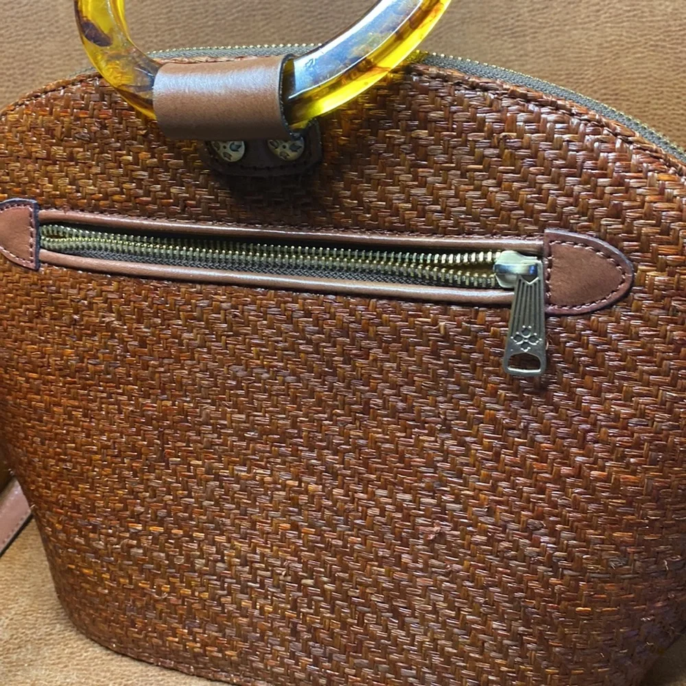 Patricia Nash Brown Woven Dome Bag with Tortoiseshell Ring Handles